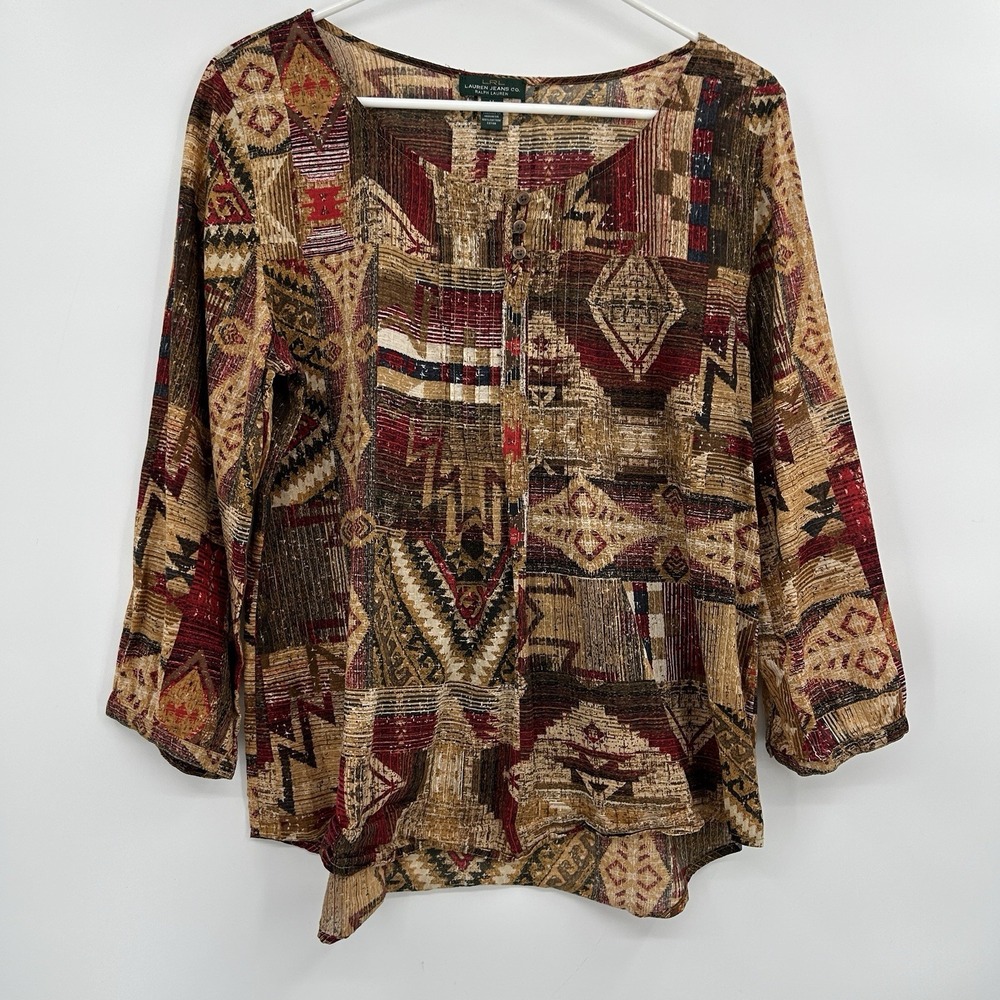 VTG Lauren Ralph Lauren Southwest Print Popover Top Size M Aztec Boho Tribal